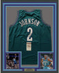 Framed Autographed/Signed Larry Johnson 35x39 Charlotte Teal Basketball Jersey JSA COA
