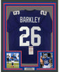 Framed Autographed/Signed Saquon Barkley 35x39 New York Blue Football Jersey JSA COA