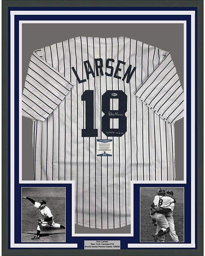 Framed Autographed/Signed Don Larsen Inscribed 35x39 New York Pinstripe Baseball Jersey Beckett BAS COA