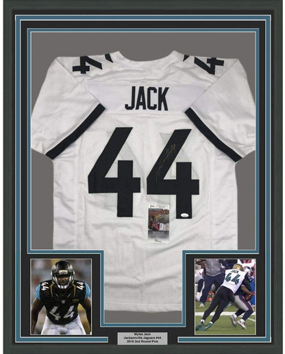 Framed Autographed/Signed Myles Jack 35x39 Jacksonville White Football Jersey JSA COA