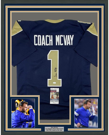 Framed Autographed/Signed Sean McVay 35x39 Los Angeles LA Dark Blue Football Jersey Beckett BAS COA