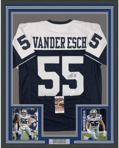 Framed Autographed/Signed Leighton Vander Esch 35x39 Dallas Thanksgiving Day Football Jersey JSA COA