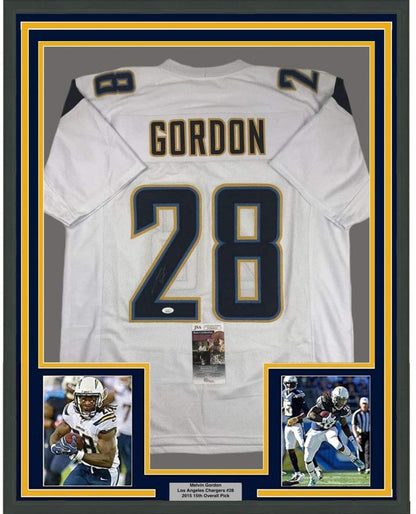 Framed Autographed/Signed Melvin Gordon 35x39 Los Angeles LA White Football Jersey JSA COA