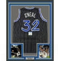 Framed Autographed/Signed Shaquille Shaq O'Neal 35x39 Orlando Black Pinstripe Basketball Jersey Beckett BAS COA