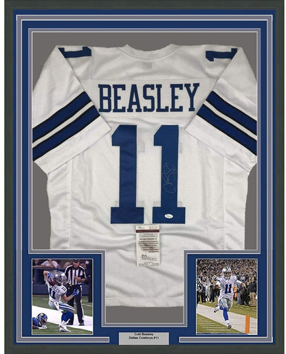 Framed Autographed/Signed Cole Beasley 35x39 Dallas White Football Jersey JSA COA