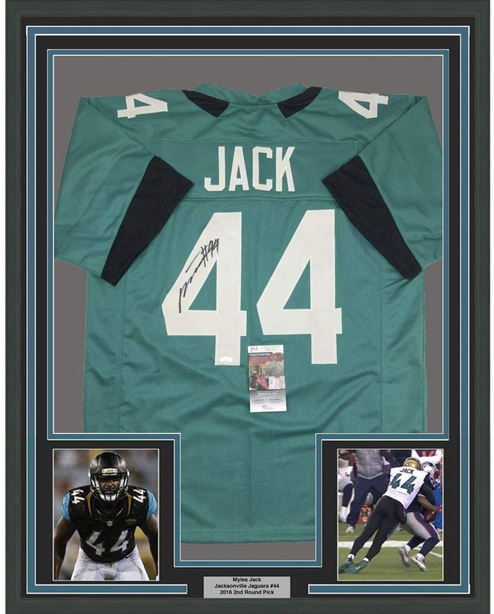 Framed Autographed/Signed Myles Jack 35x39 Jacksonville Teal Football Jersey JSA COA
