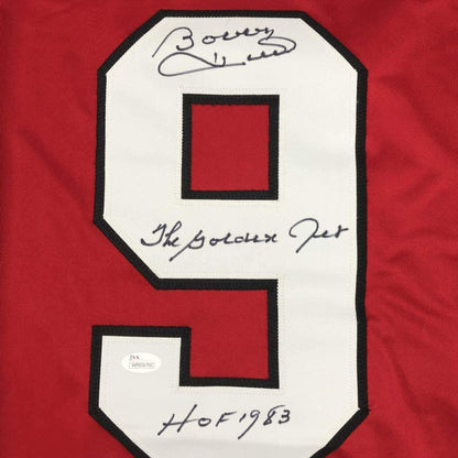 Framed Autographed/Signed Bobby Hull HOF 1983 The Golden Jet 35x39 Chicago Red Hockey Jersey JSA COA