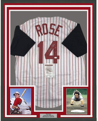 Framed Autographed/Signed Pete Rose 4256 35x39 Cincinnati Pinstripe Baseball Jersey JSA COA