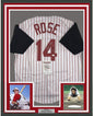 Framed Autographed/Signed Pete Rose 4256 35x39 Cincinnati Pinstripe Baseball Jersey JSA COA