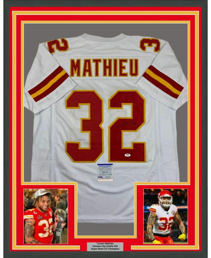 Framed Autographed/Signed Tyrann Mathieu 35x39 Kansas City White Football Jersey PSA/DNA COA