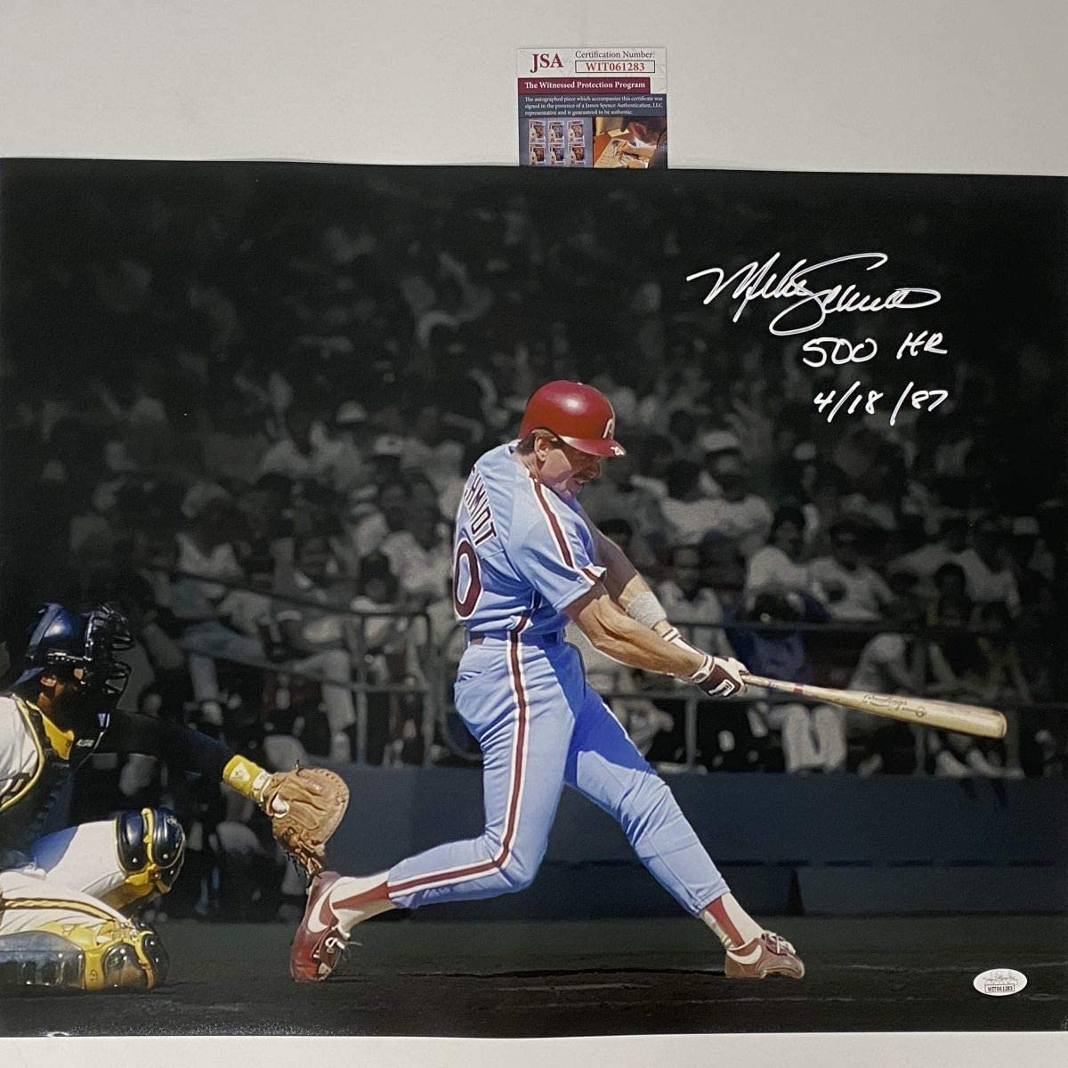 Autographed/Signed Mike Schmidt 500th HR Inscribed Philadelphia Phillies 16x20 Baseball Photo JSA COA