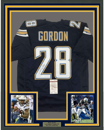 Framed Autographed/Signed Melvin Gordon 35x39 Los Angeles LA Dark Blue Football Jersey JSA COA