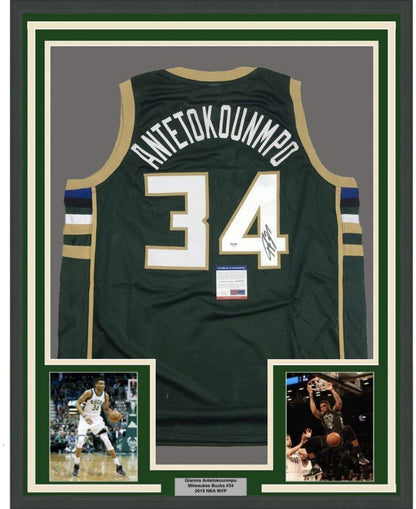 Framed Autographed/Signed Giannis Antetokounmpo 35x39 Milwaukee Green Basketball Jersey PSA/DNA COA