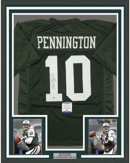 Framed Autographed/Signed Chad Pennington 35x39 New York Green Football Jersey Beckett BAS COA