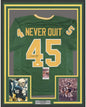 Framed Autographed/Signed Rudy Ruettiger 35x39 Never Quit Notre Dame Green College Football Jersey JSA COA