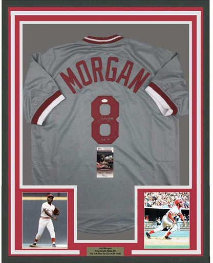 Framed Autographed/Signed Joe Morgan HOF 90 35x39 Cincinnati Grey Baseball Jersey JSA COA