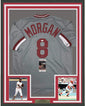Framed Autographed/Signed Joe Morgan HOF 90 35x39 Cincinnati Grey Baseball Jersey JSA COA