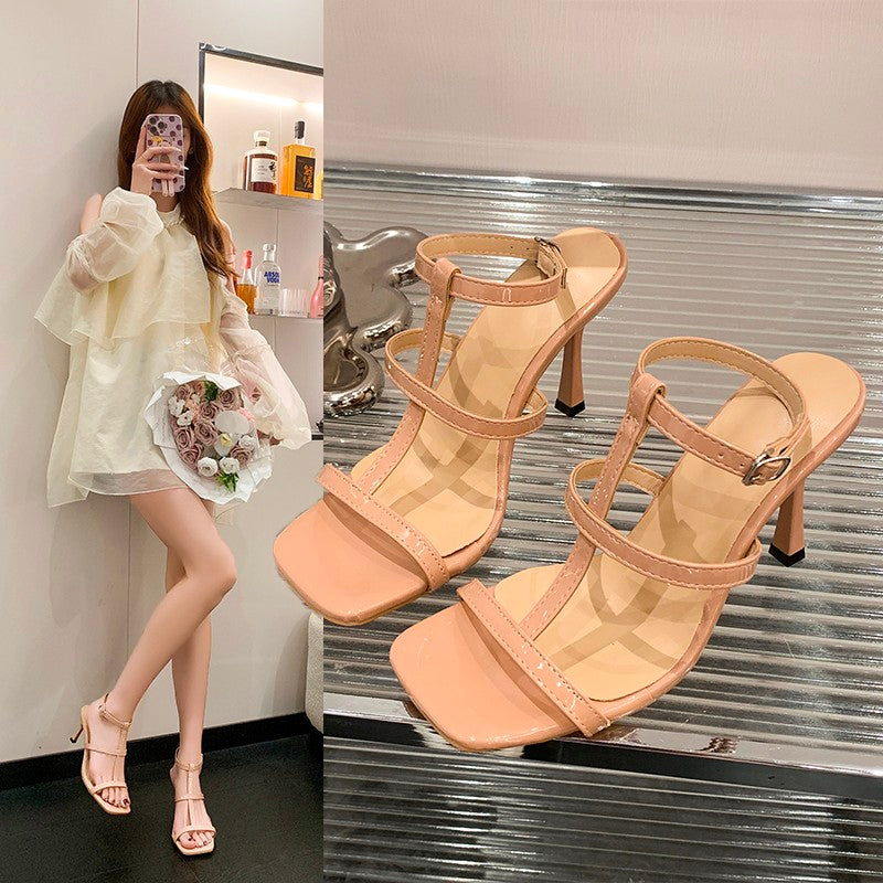 2026 Summer New Nude Open Toe Single Strap High Heel Sandals, Women Simple Elegant Square Toe Heels For Spring & Summer