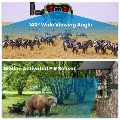 4G 4K 30FPS Solar Trail Camera Outdoor Wildlife Camera Motion Activated IP66 Waterproof with 140¼Viewing Angle No Glow Night Vision SIM Card APP Contr