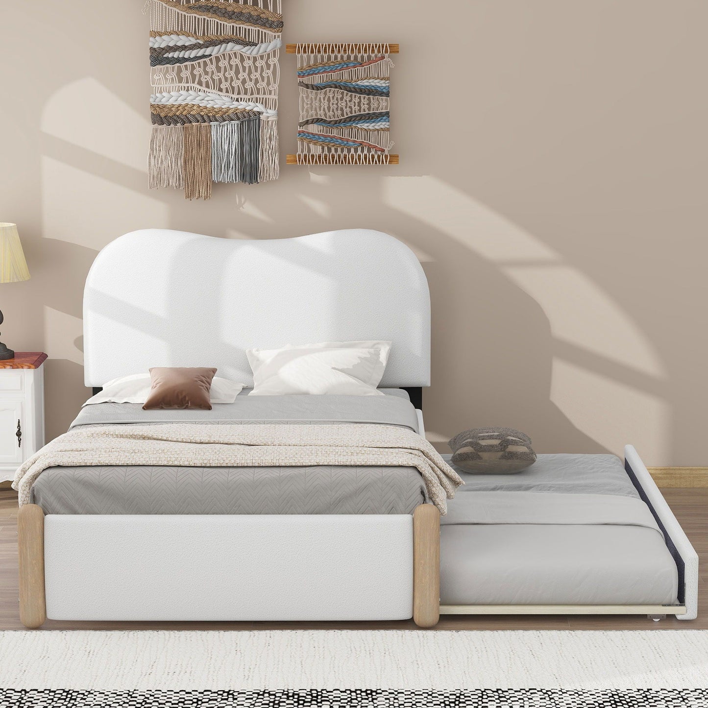 Upholstered Platform Bed With Wood Supporting Feet And Trundle