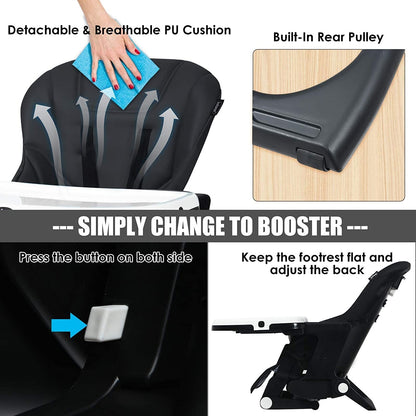 4-in-1 High Chair–Booster Seat with Adjustable Height and Recline-Black