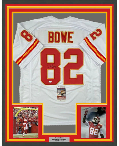 Framed Autographed/Signed Dwayne Bowe 35x39 Kansas City White Football Jersey JSA COA