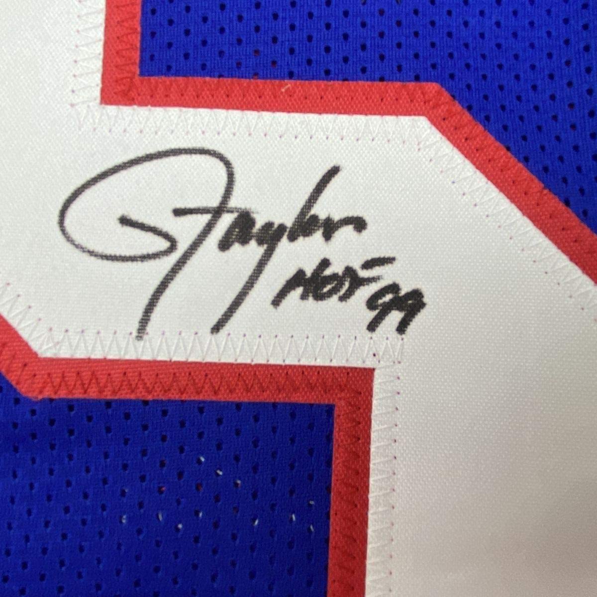 Framed Autographed/Signed Lawrence Taylor HOF 99 35x39 New York Blue Football Jersey JSA COA