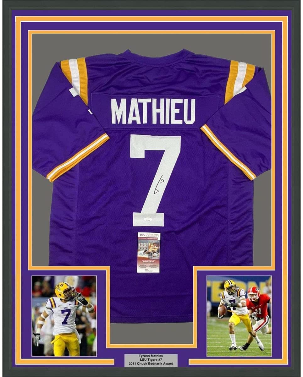 Framed Autographed/Signed Tyrann Mathieu 35x39 LSU Purple College Football Jersey JSA COA