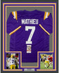 Framed Autographed/Signed Tyrann Mathieu 35x39 LSU Purple College Football Jersey JSA COA