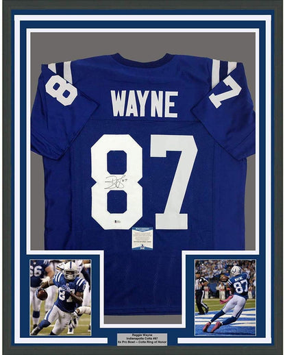 Framed Autographed/Signed Reggie Wayne 35x39 Indianapolis Colts Blue Football Jersey Beckett BAS COA