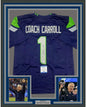 Framed Autographed/Signed Coach Pete Carroll 35x39 Seattle Blue Football Jersey Beckett BAS COA