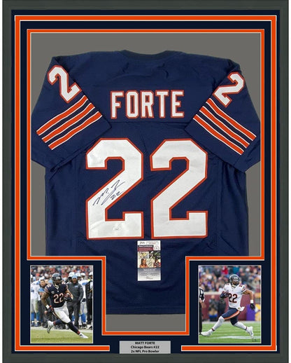 Framed Autographed/Signed Matt Forte 35x39 Chicago Blue Football Jersey JSA COA