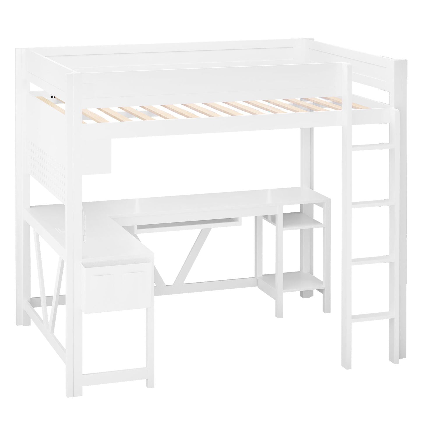 Gaming Loft Bed With Desk, Storage Shelves, LED And Charging Station