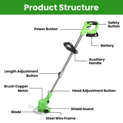 24V 300W Cordless Grass Trimmer Rechargeable Lawn Mower 18000M/Min Weed Cutter with Saw Blade 2 Stainless Steel Blades 10 Plastic Blades 2 Rechargeabl