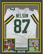 Framed Autographed/Signed Jordy Nelson 35x39 Green Bay White Football Jersey JSA COA
