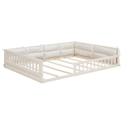 Wood Full Size Upholstered Platform Bed with Guardrail and Pillow