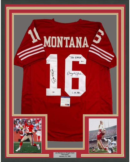 Framed Autographed/Signed Joe Montana & Dwight Clark 35x39 The Catch San Francisco Red Football Jersey PSA/DNA & Beckett BAS COA