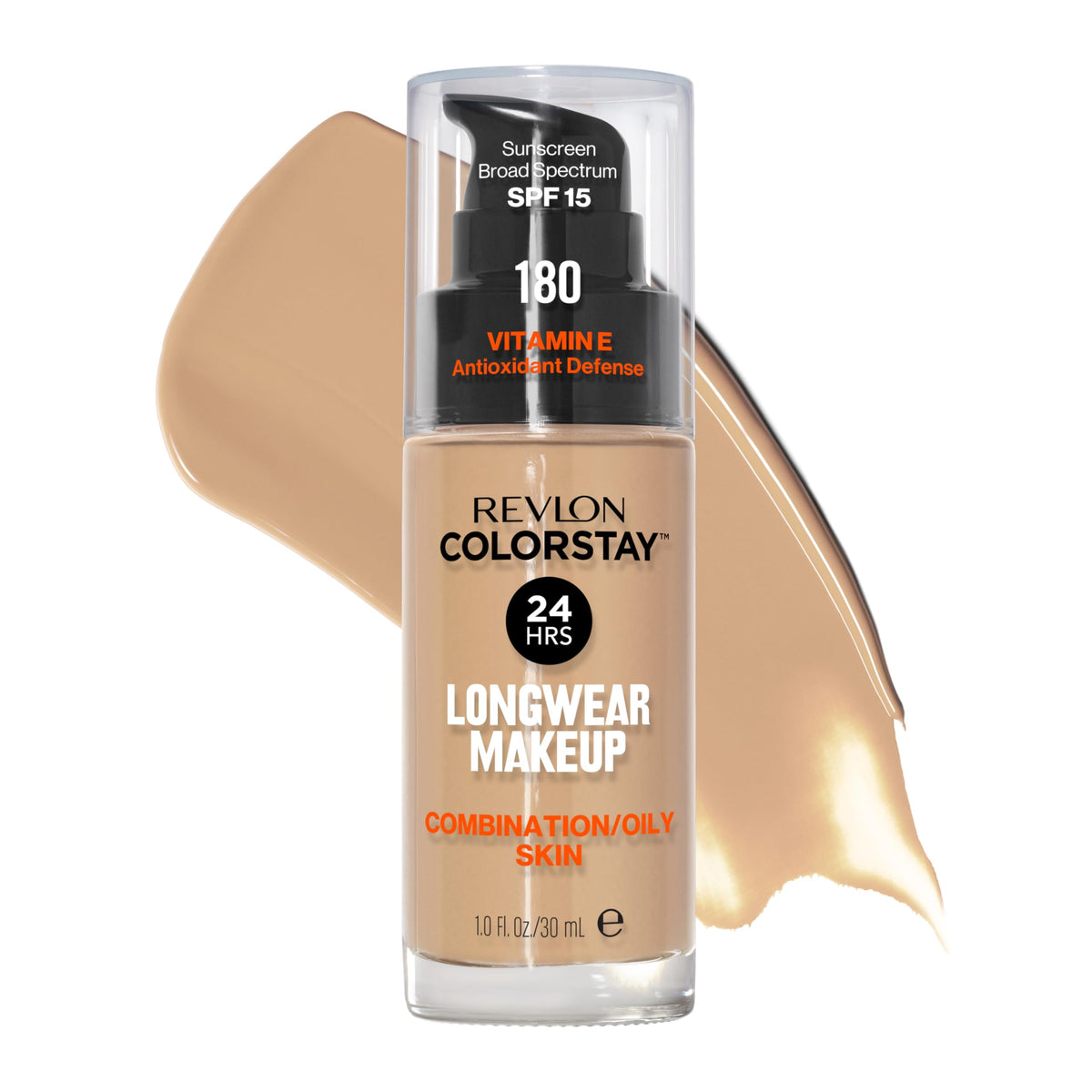 Revlon Liquid Foundation, ColorStay Face Makeup for Combination & Oily Skin, SPF 15, Medium-Full Coverage with Matte Finish, 180 Sand Beige, 1 Fl Oz