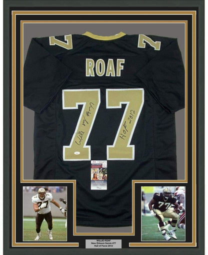 Framed Autographed/Signed Willie Roaf 35x39 New Orleans Black Football Jersey JSA COA