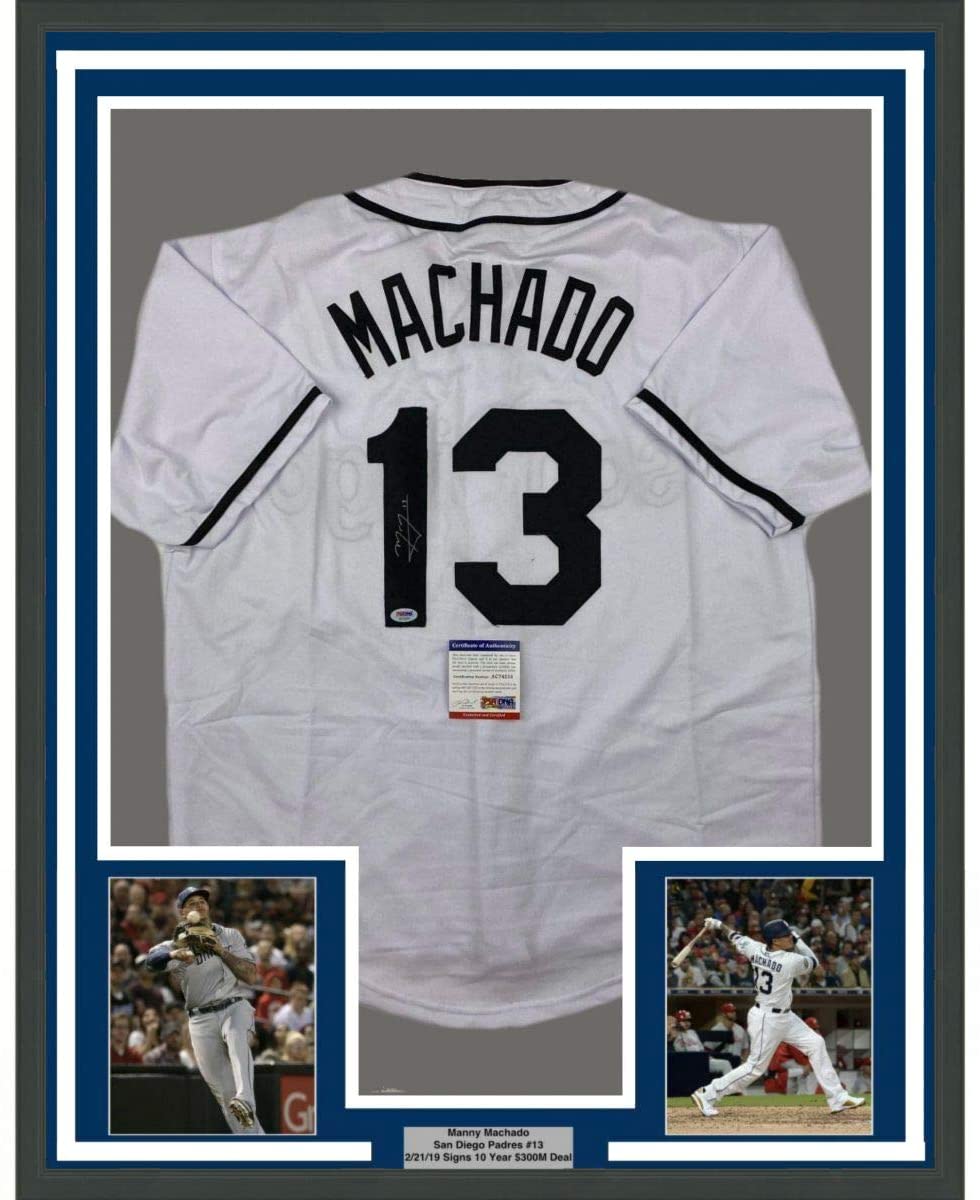 Framed Autographed/Signed Manny Machado 35x39 San Diego White Baseball Jersey Beckett BAS COA #2