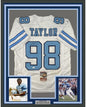 Framed Autographed/Signed Lawrence Taylor 35x39 North Carolina UNC White College Football Jersey JSA COA