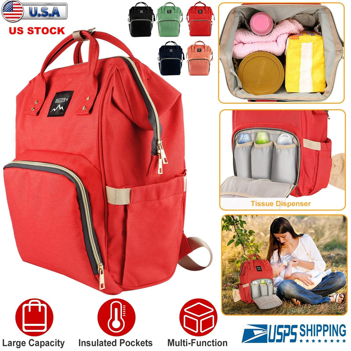 Mummy Diaper Bag Backpack Water-Resistant Large Capacity Travel Nappy Backpack Baby Nursing Handbag for Mom Dad Baby Care