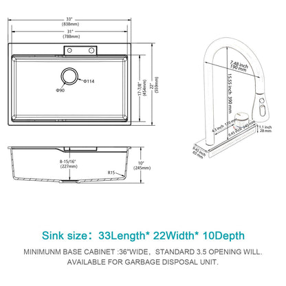 Waterfall Kitchen Sink With Pull Out Faucet & Cup Washer