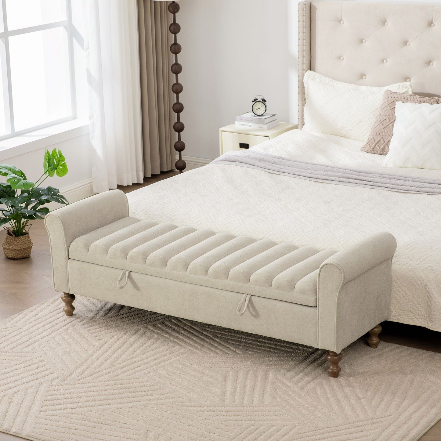 Wide Upholstered Storage Bench With Rolled Armrest For Bedroom - Griege