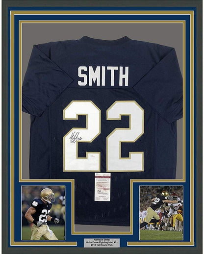 Framed Autographed/Signed Harrison Smith 35x39 Notre Dame Blue College Football Jersey JSA COA