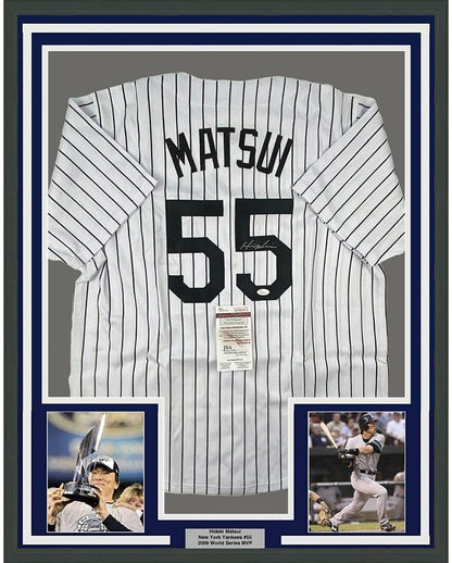 Framed Autographed/Signed Hideki Matsui 35x39 New York Pinstripe Baseball Jersey JSA COA