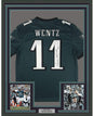 Framed Autographed/Signed Carson Wentz 35x39 Philadelphia Eagles Green Nike Dri Fit Football Jersey Fanatics COA
