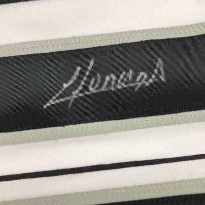 Framed Autographed/Signed Yoan Moncada 35x39 Chicago Pinstripe Baseball Jersey Beckett BAS COA