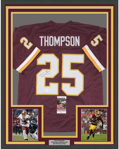 Framed Autographed/Signed Chris Thompson 35x39 Washington Burgundy Football Jersey JSA COA