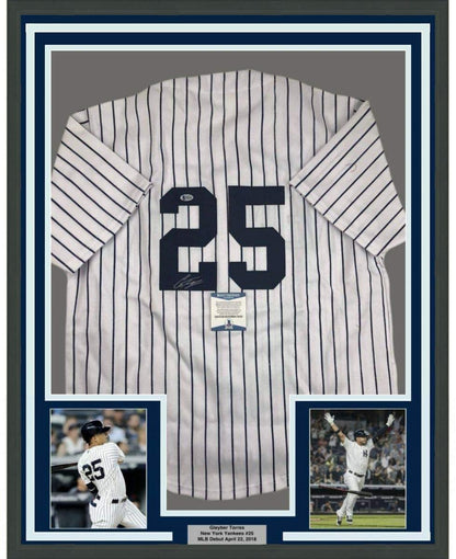 Framed Autographed/Signed Gleyber Torres 35x39 New York #25 Pinstripe Baseball Jersey Beckett BAS COA